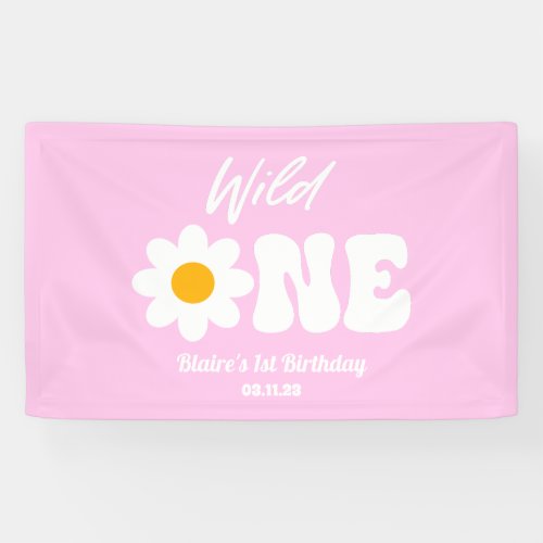 Wild One Pink White Daisy Retro 1st First Birthday Banner