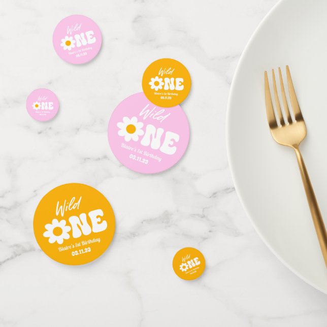 Wild One Pink White Daisy Retro 1st First Birthday Confetti (Group)