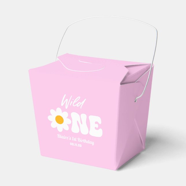 Wild One Pink White Daisy Retro 1st First Birthday Favor Boxes (Front Side)