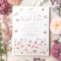 Wild One Pink Wildflowers First Birthday Invitation