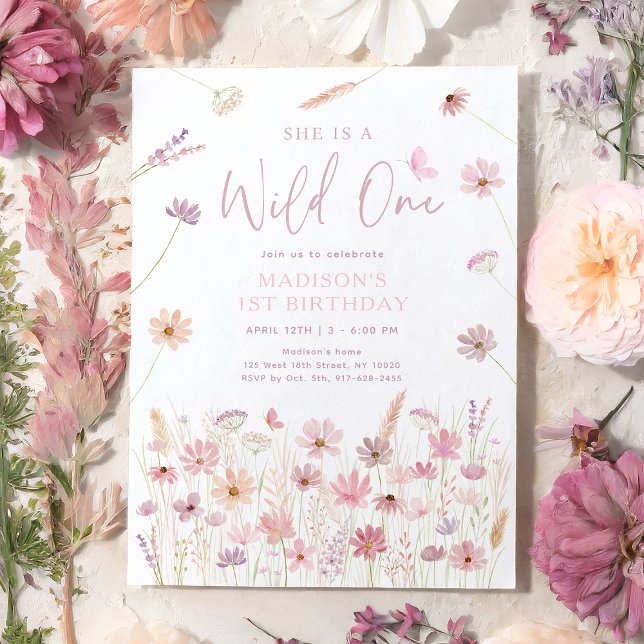 Wild One Pink Wildflowers First Birthday Invitation (Creator Uploaded)
