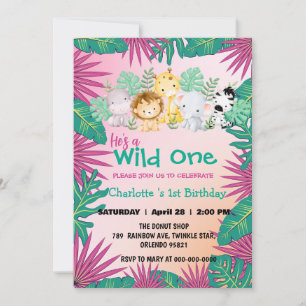 Wild One Pink zoo jungle 1st Animal Birthday girl Invitation