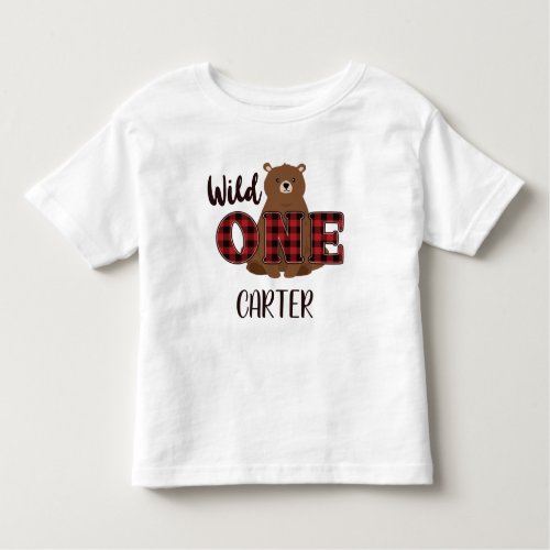 Wild ONE Plaid Bear Birthday Boy Girl Name Toddler T_shirt
