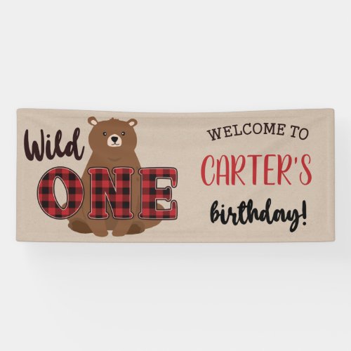 Wild ONE Plaid Bear Birthday Party Banner