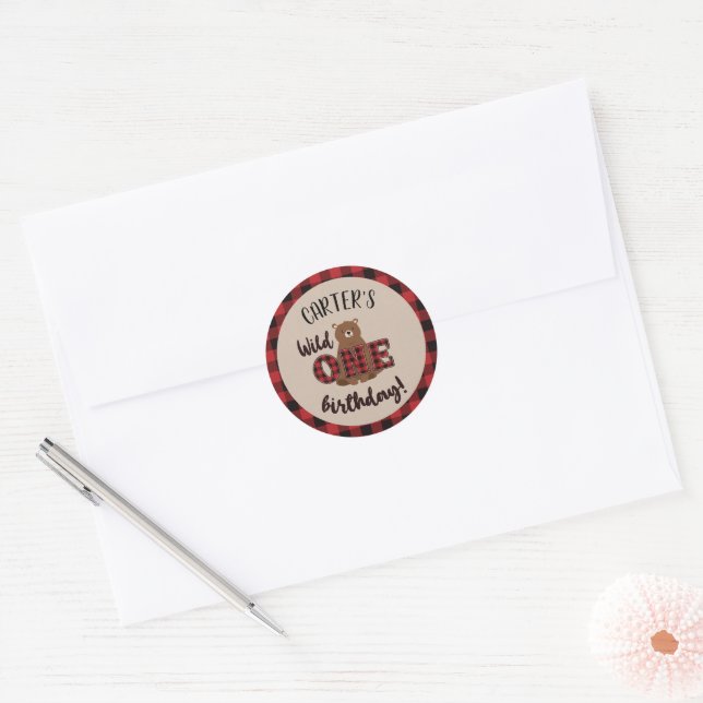 Wild ONE Plaid Bear Birthday Party Classic Round Sticker (Envelope)