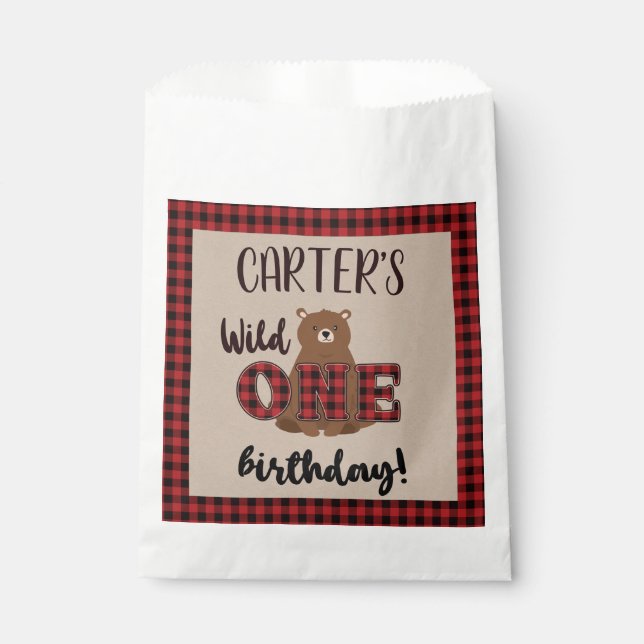 Wild ONE Plaid Bear Birthday Party Favor Bag (Front)