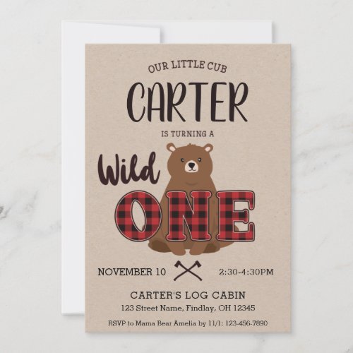 Wild ONE Plaid Bear Birthday Party Invitation