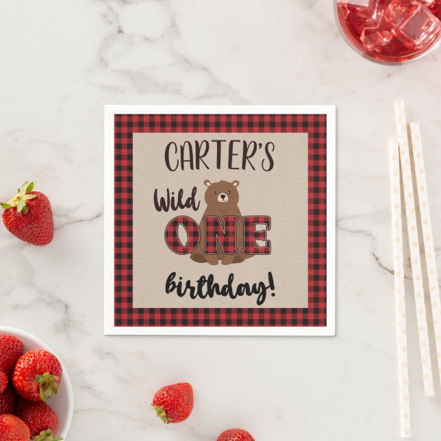 Wild ONE Plaid Bear Birthday Party Napkins (Insitu)