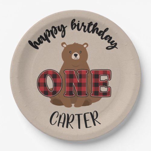 Wild ONE Plaid Bear Birthday Party Paper Plates