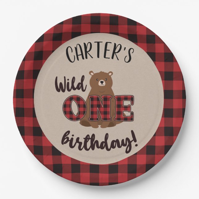 Wild ONE Plaid Bear Birthday Party Paper Plates (Front)