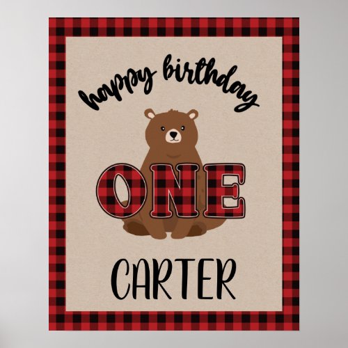 Wild ONE Plaid Bear Birthday Party Poster