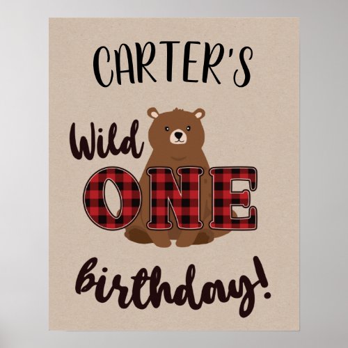 Wild ONE Plaid Bear Birthday Party Poster