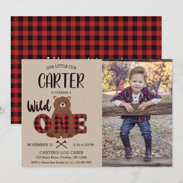 Wild ONE Plaid Bear Photo Birthday Party Invitation (Front/Back)