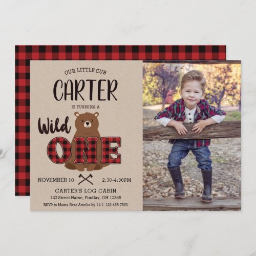 Wild ONE Plaid Bear Photo Birthday Party Invitation