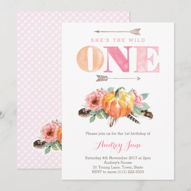 Wild one Pumpkin 1st Birthday Invites for Girl (Front/Back)