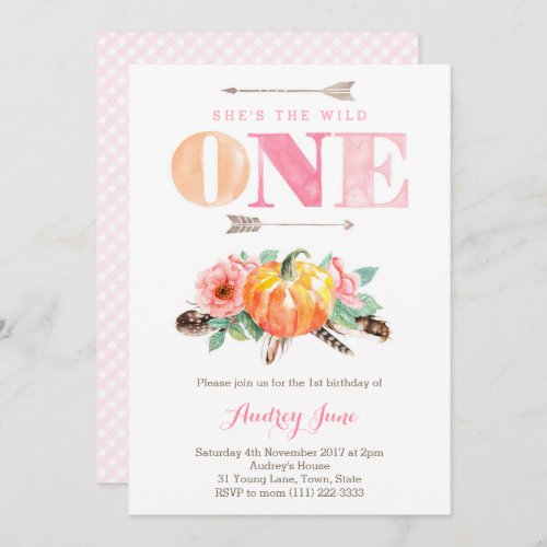 Wild one Pumpkin 1st Birthday Invites for Girl