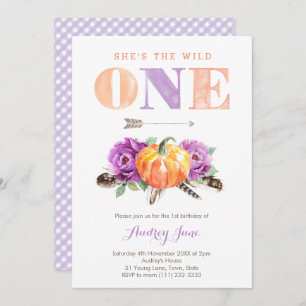 Wild One Purple Orange Pumpkin 1st Birthday Party Invitation