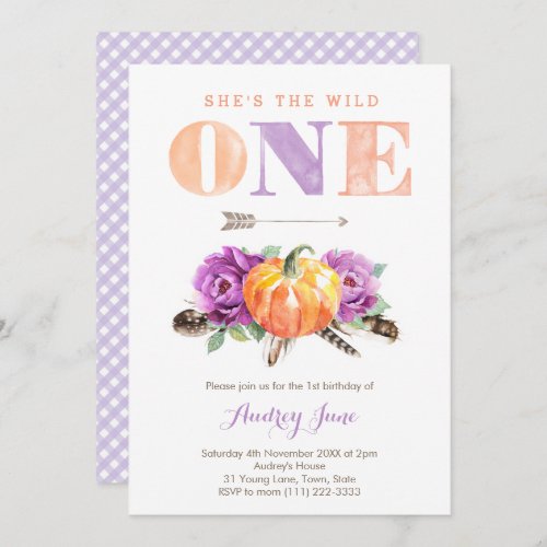 Wild One Purple Orange Pumpkin 1st Birthday Party Invitation