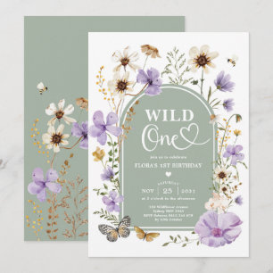 Wild One: Purple Sage Green Wildflower Birthday Invitation