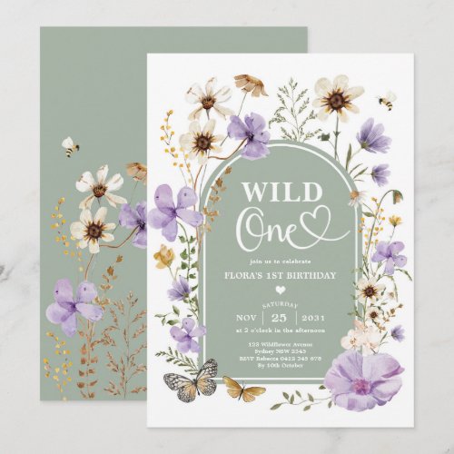 Wild One: Purple Sage Green Wildflower Birthday Invitation