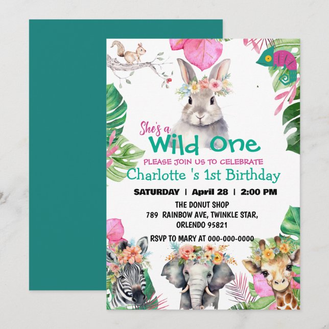 Wild One Rabbit Safari jungle 1st Animals Birthday Invitation (Front/Back)