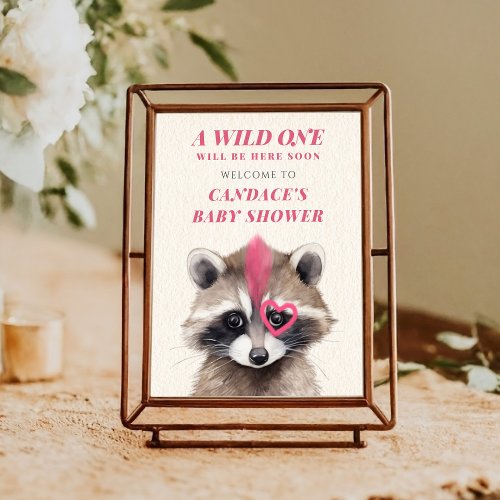 Wild One Raccoon Mohawk Pink Baby Shower Poster