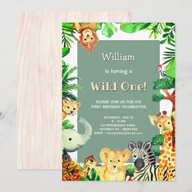 Wild One Rain Forest Animals Whimsical Birthday Invitation (Front/Back)