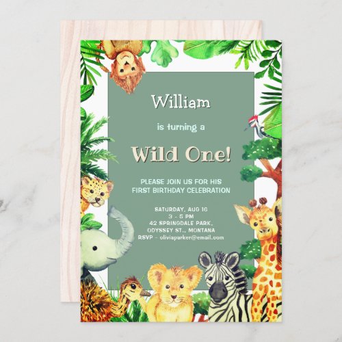 Wild One Rain Forest Animals Whimsical Birthday Invitation