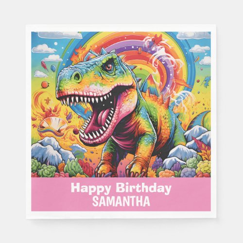 Wild One Rainbow Dinosaur Pink Napkins