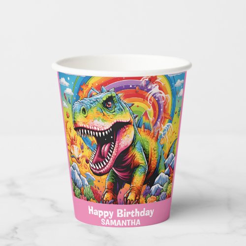 Wild One Rainbow Dinosaur Pink Paper Cups