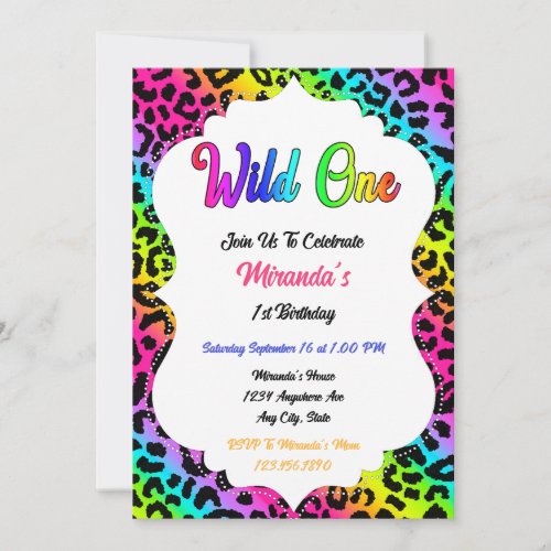 Wild One Rainbow Leopard Birthday Invitation