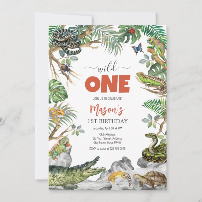 Wild One Reptile Party Animals Kids 1st Birthday Invitation (Front)