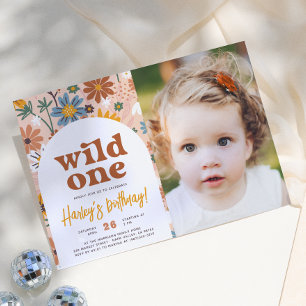Wild One Retro Boho Wildflower 1st Birthday Photo Invitation