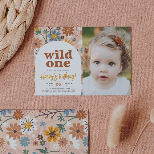 Wild One Retro Boho Wildflower 1st Birthday Photo Invitation