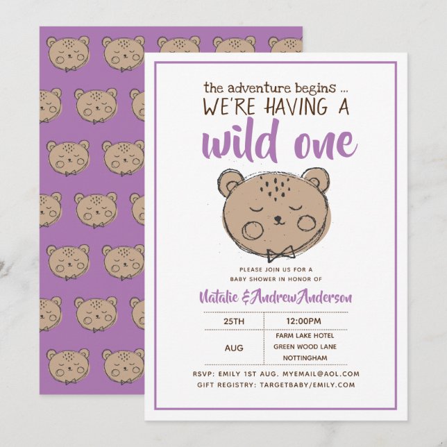 Wild One Rustic Bear The Adventure Begins Yellow Invitation (Front/Back)