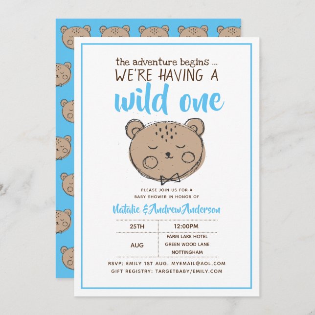 Wild One Rustic Bear The Adventure Begins Yellow Invitation (Front/Back)