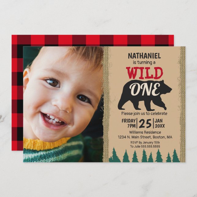 Wild One Rustic Black Bear Buffalo Plaid Photo Invitation (Front/Back)