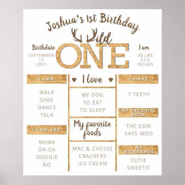 Wild One Rustic Deer Antler 1st Birthday Milestone Poster (Front)
