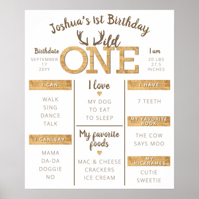 Wild One Rustic Deer Antler 1st Birthday Milestone Poster (Front)