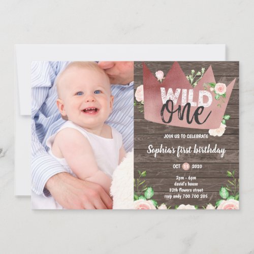 Wild One Rustic Wood Girl 1st Birthday Photo Invitation