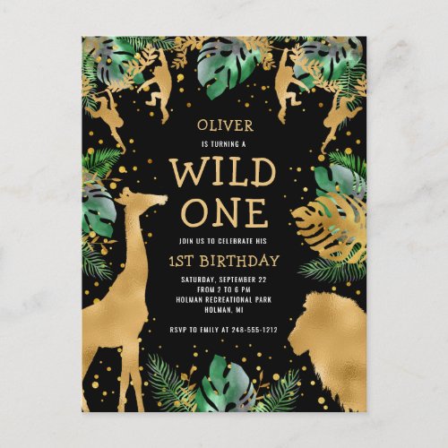 Wild One Safari 1st Birthday Black Gold Green Invitation Postcard