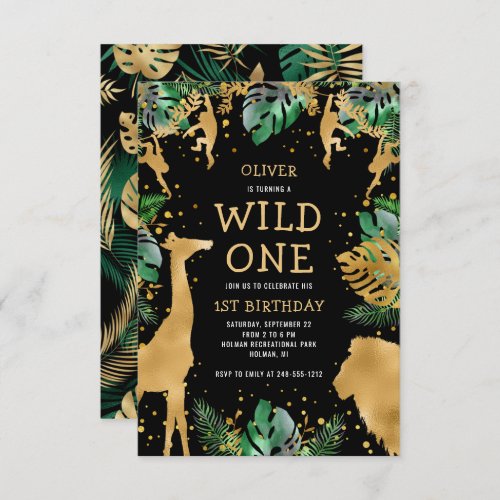 Wild One Safari 1st Birthday Black Green Gold Invitation