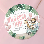 Wild One Safari 1st Birthday Classic Round Sticker<br><div class="desc">Add a sweet, girly touch to your party favors, envelopes, and gifts with this Wild One birthday party sticker, redesigned for a little girl’s celebration. The front features soft pink balloons for a cheerful, playful look, paired with the message Thank you for a wild good time. The text is styled...</div>