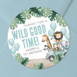 Wild One Safari 1st Birthday Classic Round Sticker<br><div class="desc">Add a fun, modern touch to your party favors, envelopes, and gifts with this Wild One birthday party sticker designed with a teal blue look perfect for any first birthday celebration. The front features soft teal blue balloons for a cheerful, playful feel, paired with the message Thank you for a...</div>