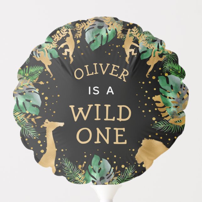 Wild One Safari 1st Birthday Green Gold Black Balloon (Front)