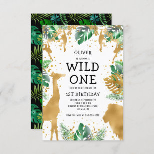 Wild One Safari 1st Birthday Green Gold Black Invitation