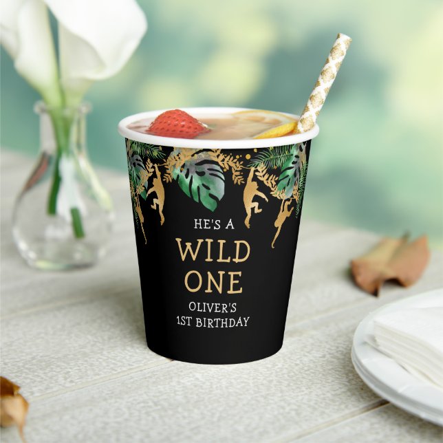 Wild One Safari 1st Birthday Green Gold Black Paper Cups (Insitu)