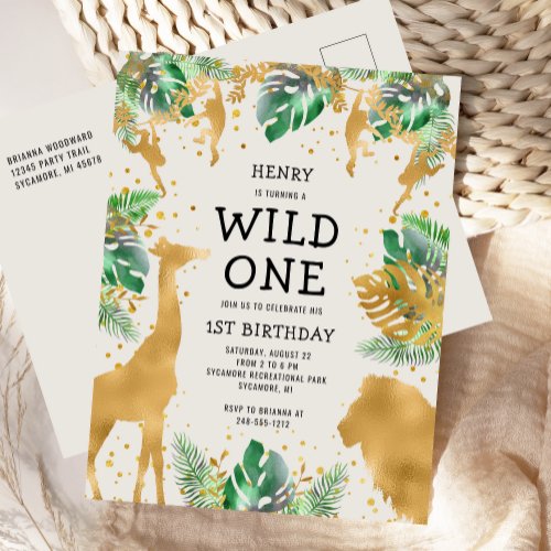 Wild One Safari 1st Birthday Green Gold Ecru Invitation Postcard
