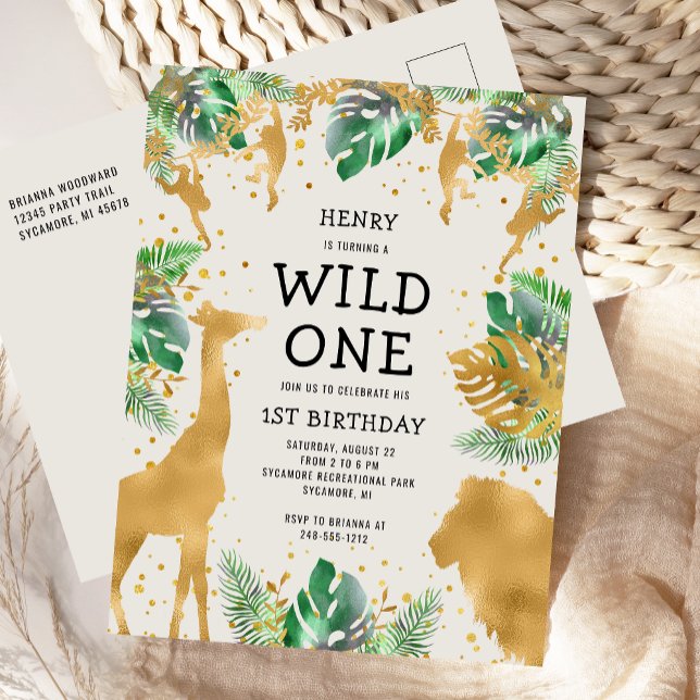 Wild One Safari 1st Birthday Green Gold Ecru Invitation Postcard (Creator Uploaded)