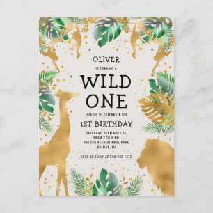 Wild One Safari 1st Birthday Green Gold Ecru Invitation Postcard